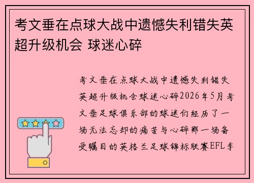 考文垂在点球大战中遗憾失利错失英超升级机会 球迷心碎